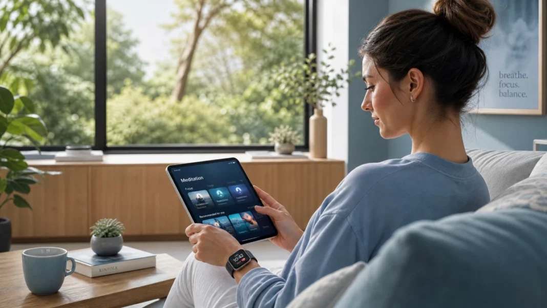 A woman using a tablet with a meditation app and wearing a smartwatch in a bright, serene home environment, symbolizing technology's positive impact on wellness.
