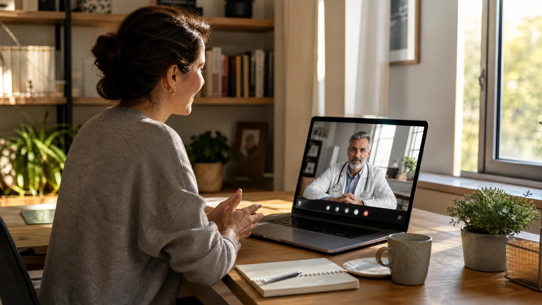 A woman in her 30s sitting at a desk, speaking with a doctor on a laptop screen during a telehealth appointment