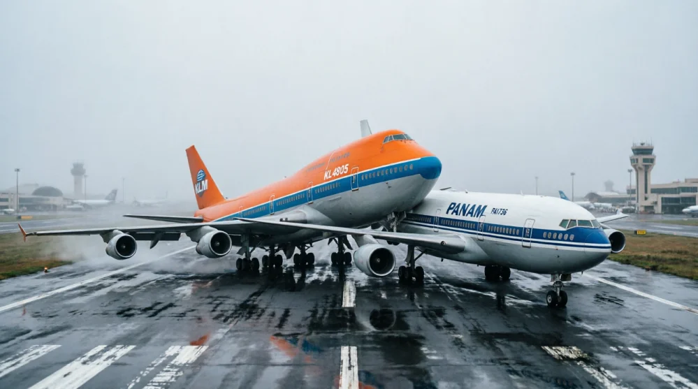 Two Boeing 747s colliding on a foggy runway at Los Rodeos Airport.