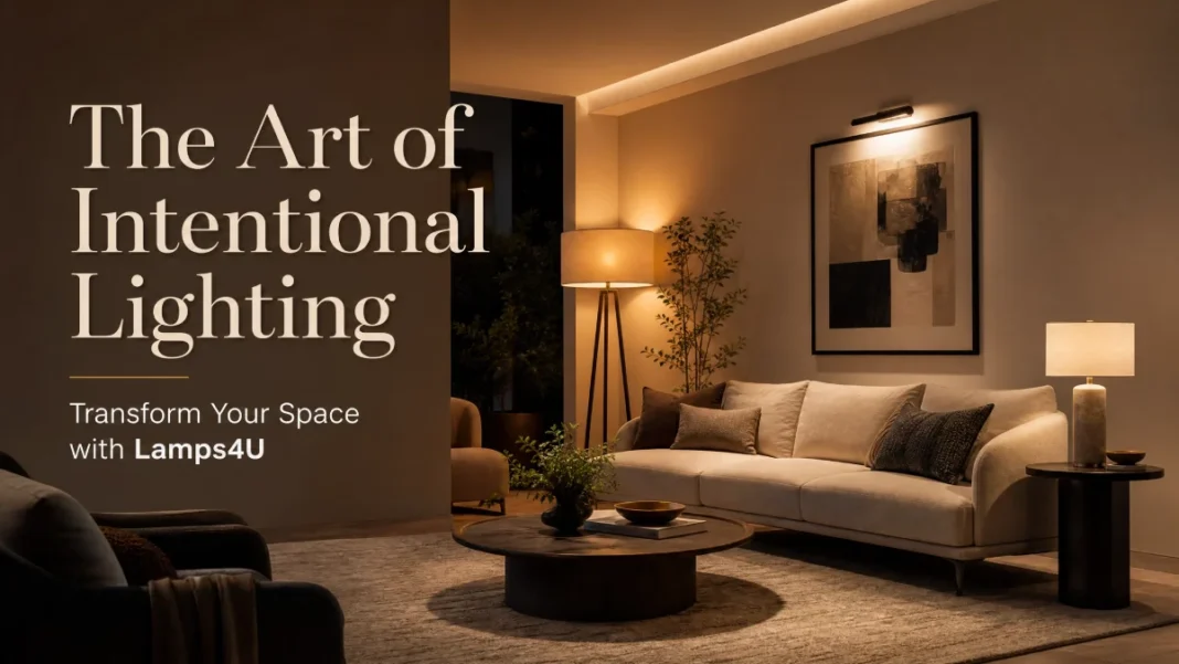 A modern living room featuring layered lighting with a warm floor lamp, a sleek table lamp, and focused accent lighting on wall art.