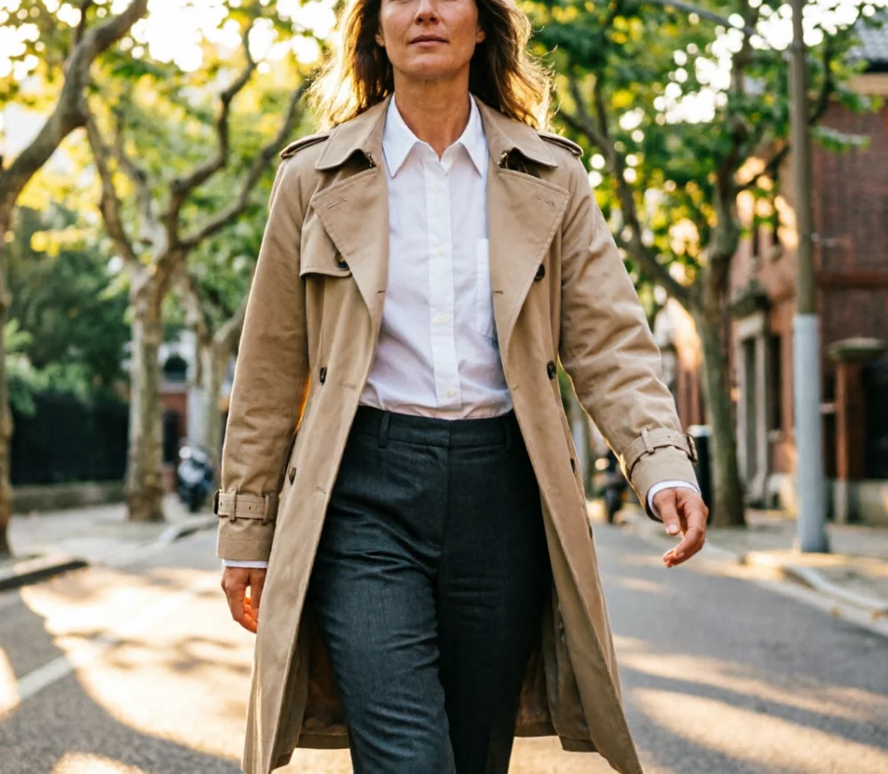 A stylish woman in a classic beige trench coat, crisp white shirt, and tailored trousers walking confidently down a sunlit, tree-lined street.