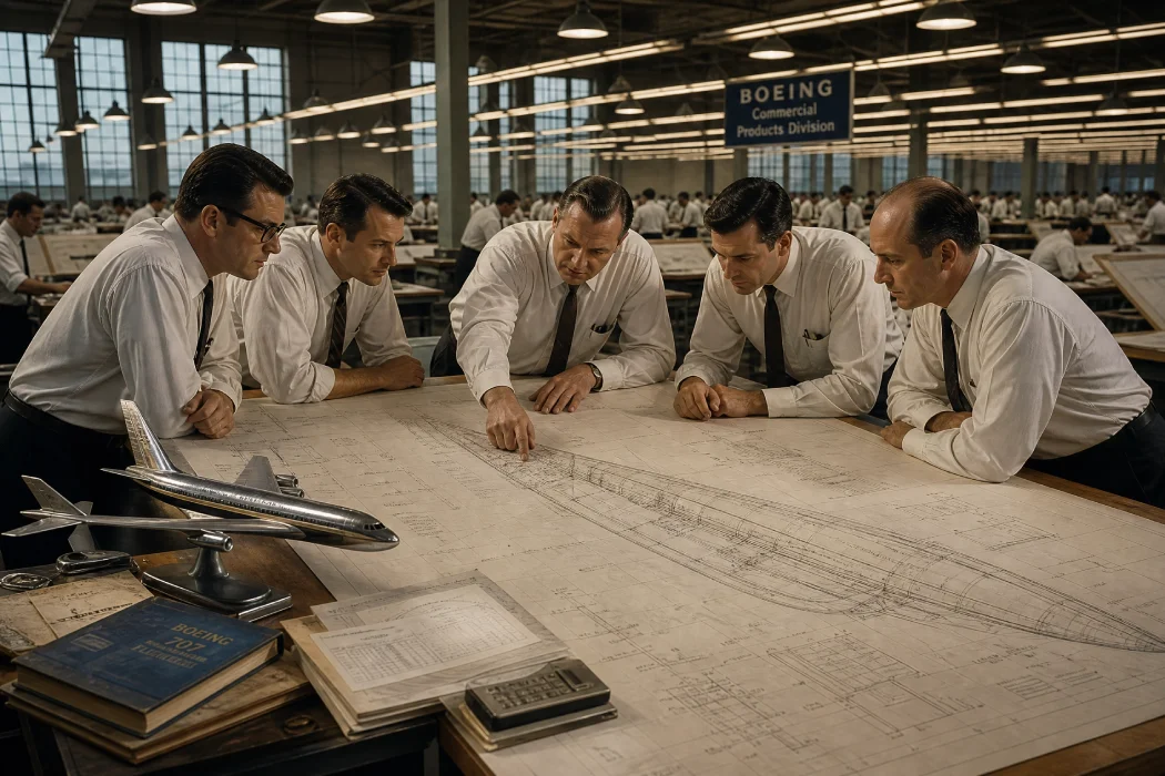 A group of mid-century Boeing engineers in white shirts and ties gathered around a large table, reviewing a complex aircraft fuselage blueprint with a silver wind-tunnel model nearby.