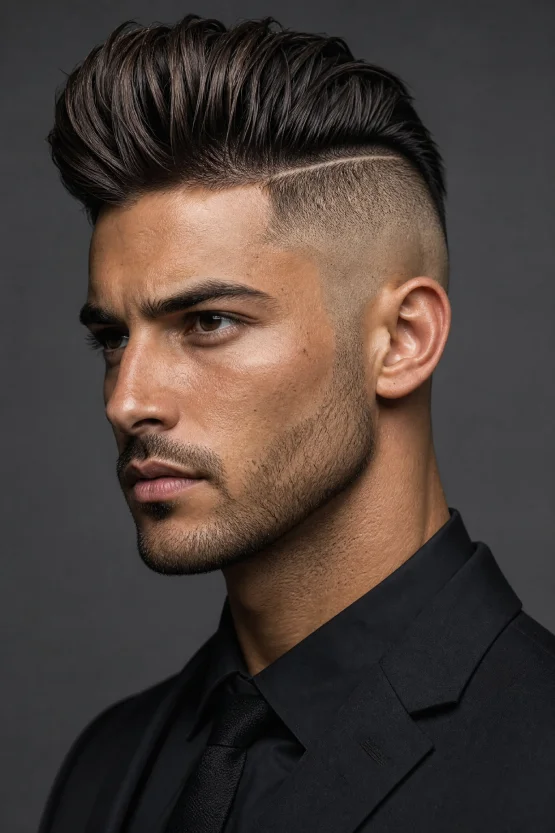 A three-quarter view of a male model with an oval face featuring a high-contrast Disconnected Undercut with a voluminous textured top and buzzed sides.
