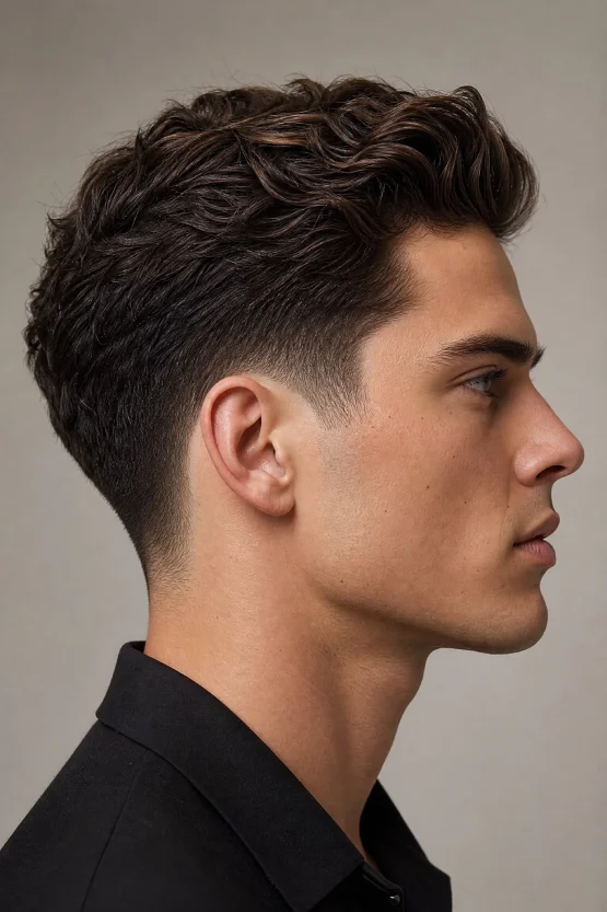 A side-profile view of a male model with an oval face featuring a clean Taper Fade with a textured quiff and a gradual blend at the temples and neckline.