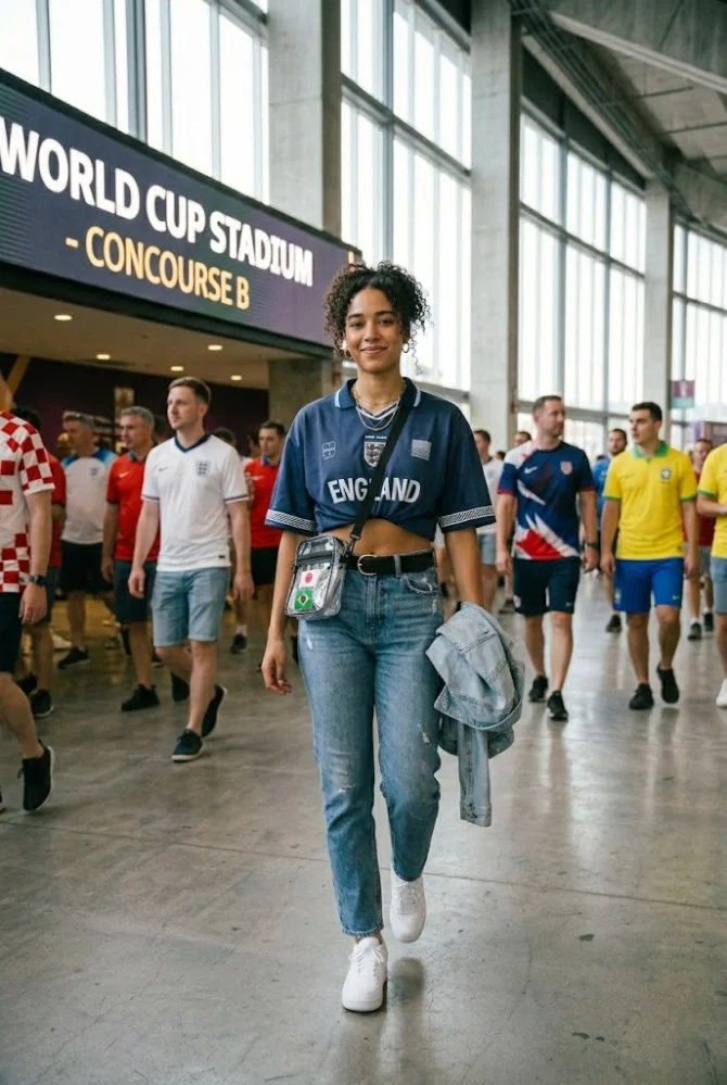 A young woman with curly hair walking through a modern FIFA World Cup stadium concourse, wearing an England soccer jersey custom-cropped into a wrap top, high-waisted jeans, and sneakers.