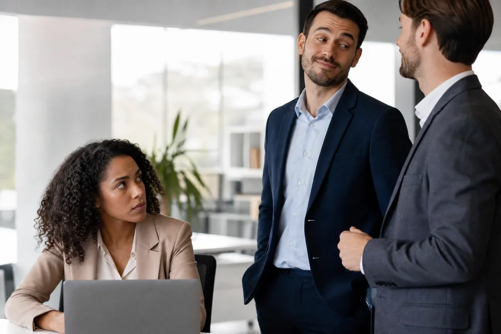 A professional woman at her desk looking with firm frustration at two male colleagues standing nearby, one of whom is sharing a dismissive, knowing glance with the other.