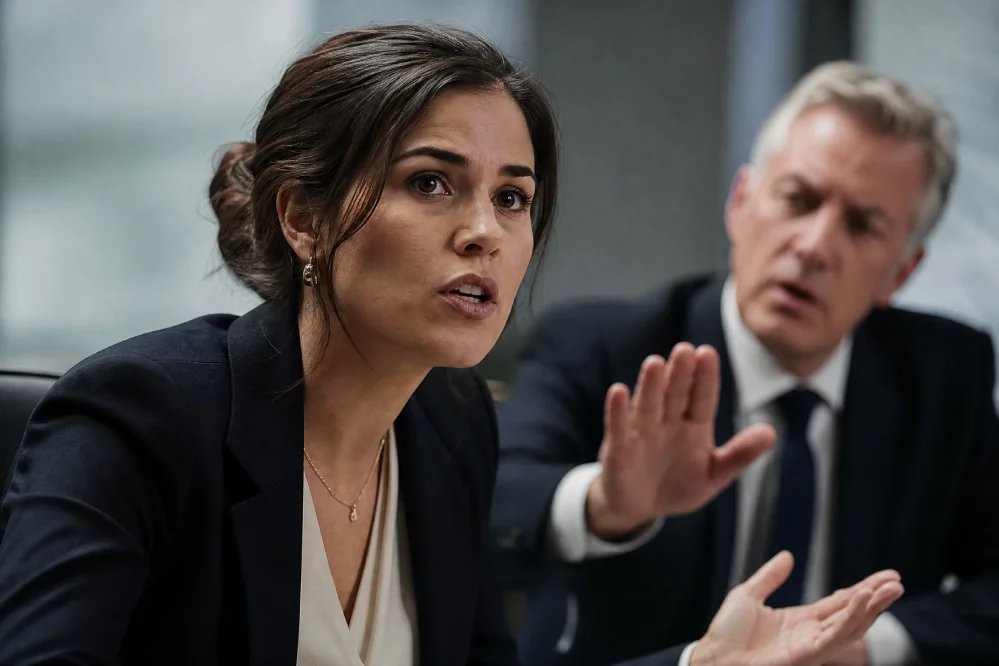 A close-up of a professional woman speaking in a meeting while a male colleague in the background makes a dismissive hand gesture, capturing a moment of being talked over or silenced.