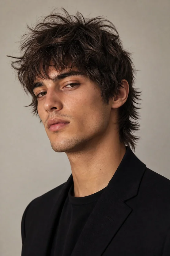 A male model with an oval face shape featuring a trendy Short Wolf Cut with choppy layers and voluminous texture.