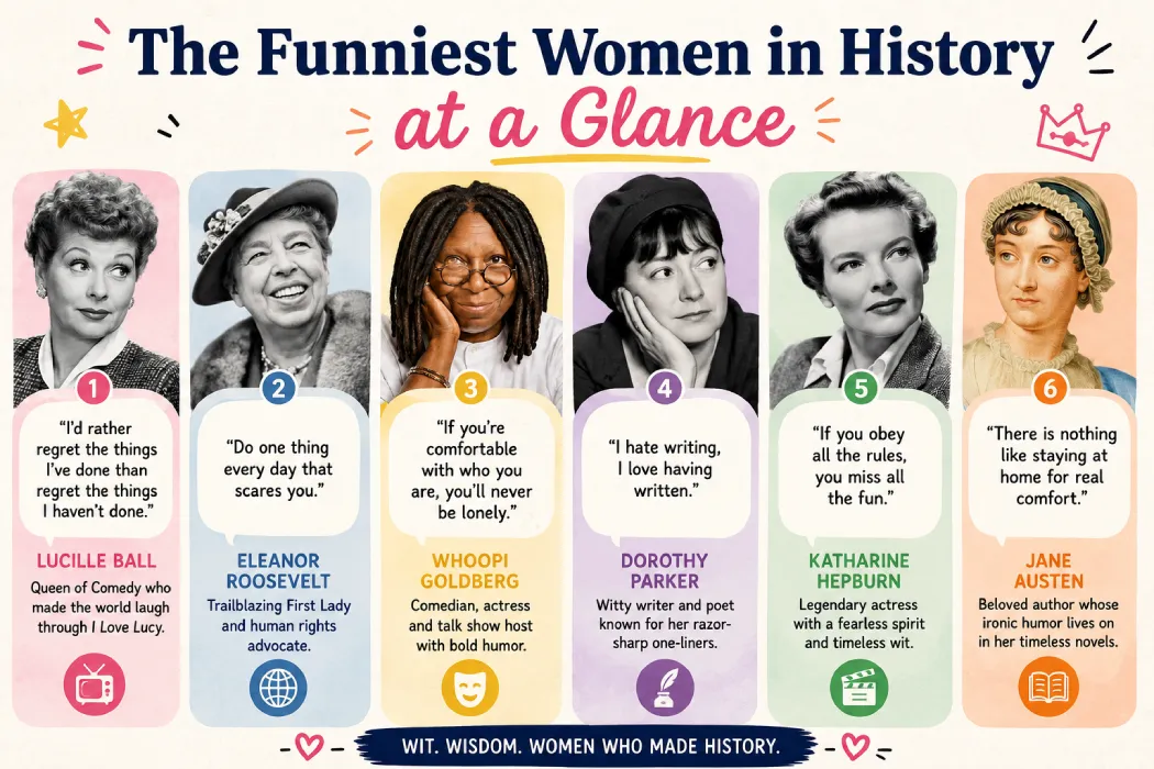 Infographic featuring some of history's funniest women with their iconic quotes and brief highlights, including comedians, authors, activists, and actresses.