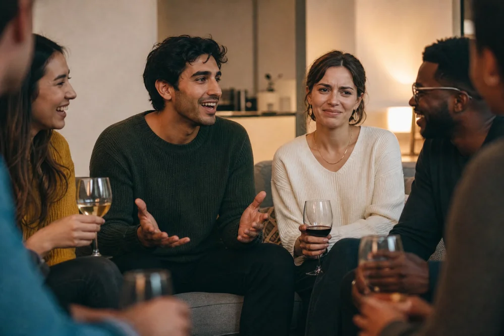 A group of diverse friends laughing at a social gathering, while one woman in the center has a subtle, uncomfortable expression as she listens to a man speaking.