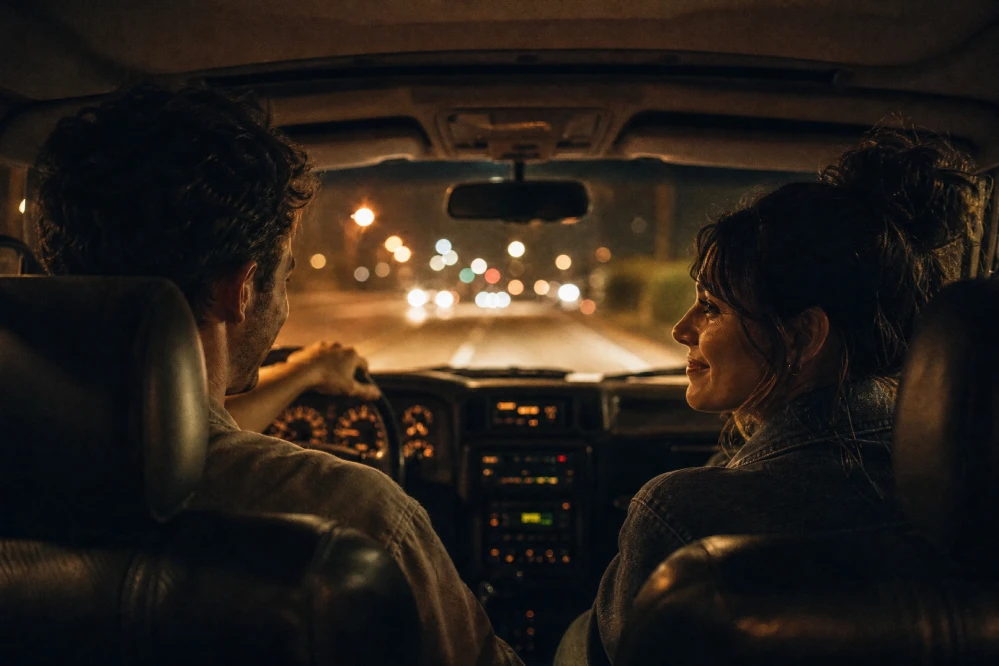 A young couple sharing a quiet, intimate moment inside a car during a late-night drive, with warm dashboard lights and blurred city bokeh in the background.