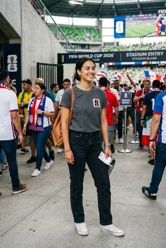 A young woman with a leather backpack smiles outside a 2026 World Cup stadium, wearing a plain grey t-shirt and jeans.