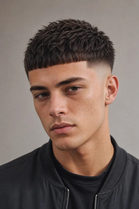 A male model with an oval face shape featuring a clean Edgar Cut with a blunt fringe, textured top, and high skin taper fade.