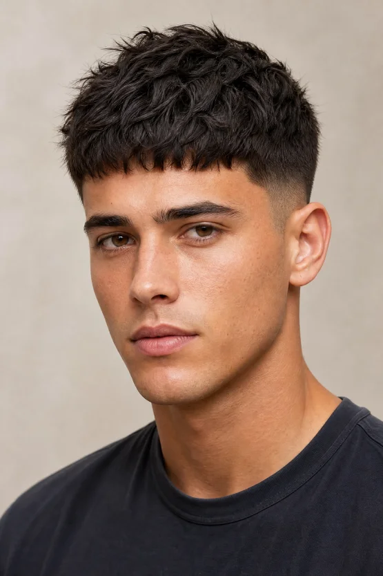A male model with an oval face shape featuring a clean Textured Crop with choppy layers, a forward-styled fringe, and a subtle taper fade.