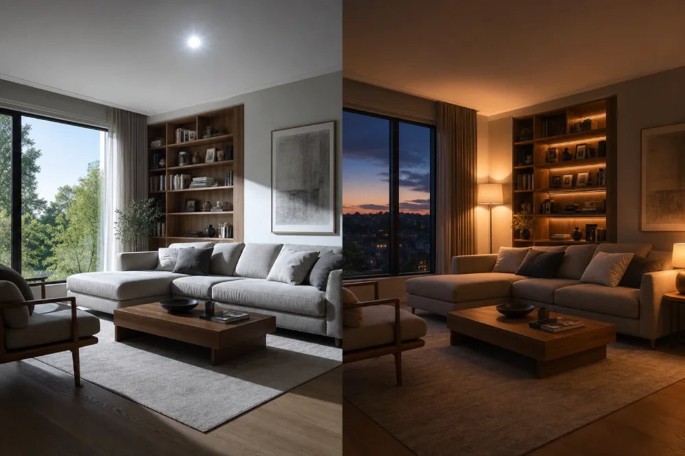 Split image showing a living room with harsh overhead lighting on the left and the same room transformed with warm layered lamps on the right