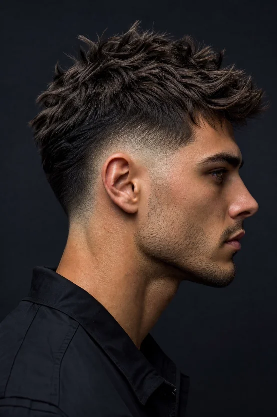 A side-profile view of a male model with an oval face featuring a sharp burst fade around the ear and a voluminous, textured top.