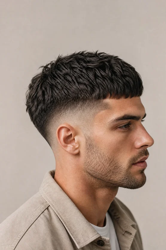 A side-profile view of a male model with an oval face featuring a textured French crop and a precise skin fade that drops behind the ear.