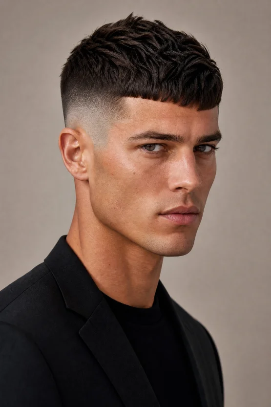 A three-quarter view of a male model with an oval face featuring a sharp French Crop with a blunt fringe, textured top, and a precise skin fade.