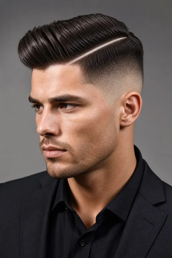 A three-quarter view of a male model with an oval face featuring a sharp Hard Part with a High Fade and a neatly styled side-parted pompadour.