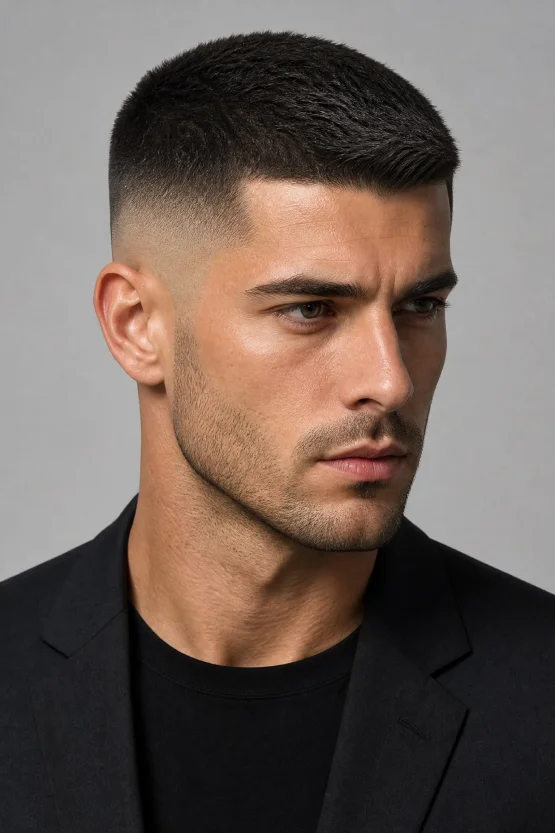A three-quarter view of a male model with an oval face featuring a sharp Skin Fade Crew Cut with a neat, graduated top and a clean skin fade.