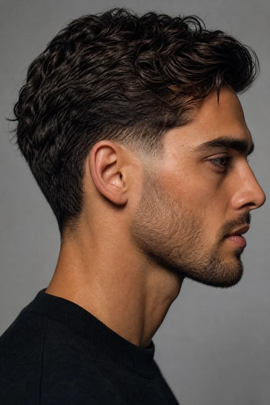 A side-profile view of a male model with an oval face featuring a clean Temple Fade with a textured top and precise sideburn tapering.