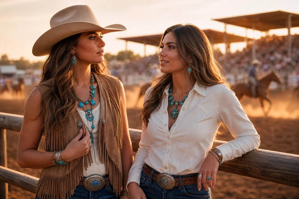 Two women in high-end western fashion engaged in conversation at a rodeo arena during sunset, illustrating the social and cultural identity of buckle bunnies.