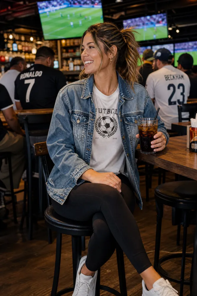 A woman wearing a vintage-wash denim jacket, a graphic soccer tee, and black leggings, sitting at a high-top table in a lively sports bar with football matches on screens in the background.