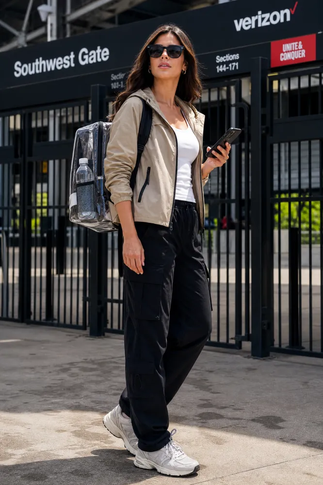 A woman wearing a practical and stylish stadium survival outfit consisting of a sand-colored utility jacket, white tank top, black cargo pants, and a clear stadium-approved backpack, standing near a stadium entrance.