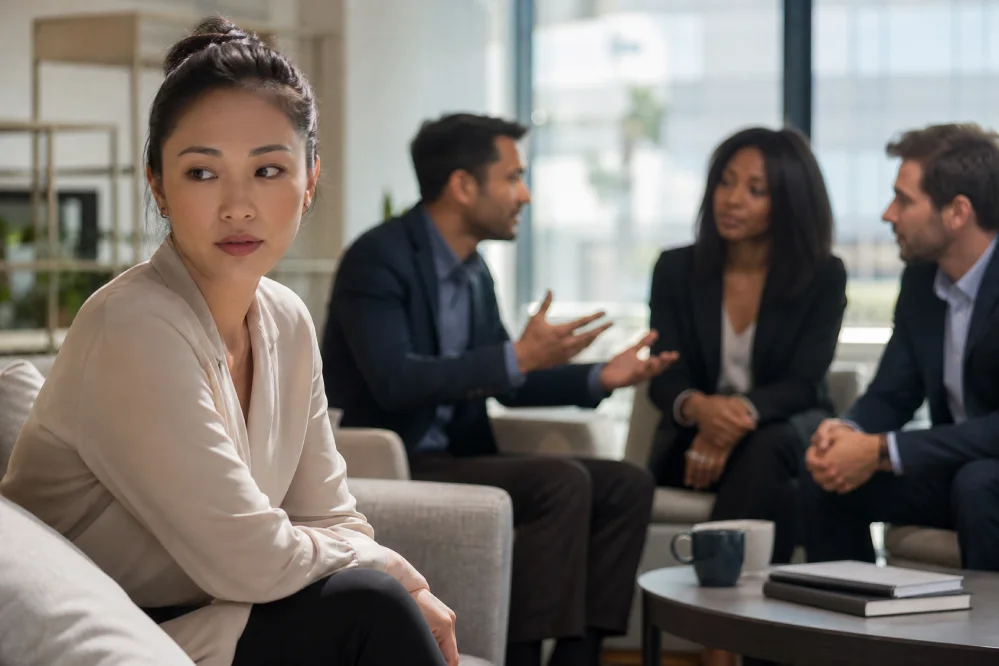A diverse group of professionals in a modern office lounge; a woman in the foreground looks away with a contemplative expression while a man in the background gestures and speaks to the group.
