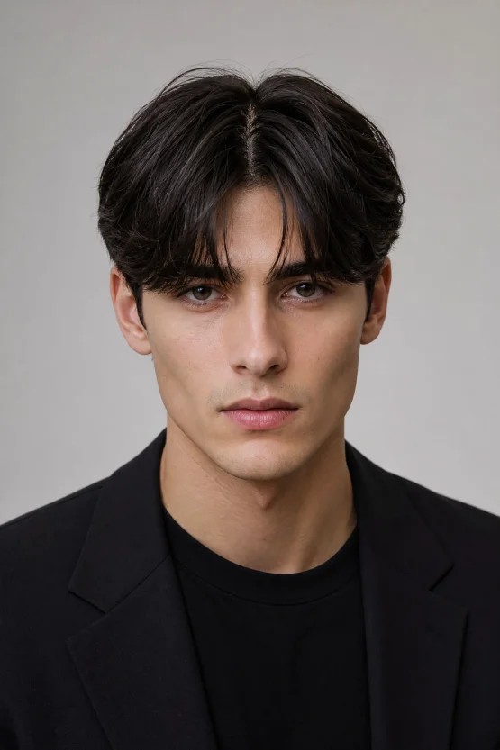 A male model with an oval face shape featuring a clean, symmetrical Short Curtain Haircut with a precise middle part.