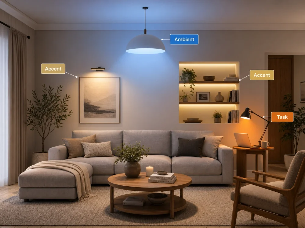 Diagram-style illustration of a living room with labeled ambient, task, and accent lighting layers working together