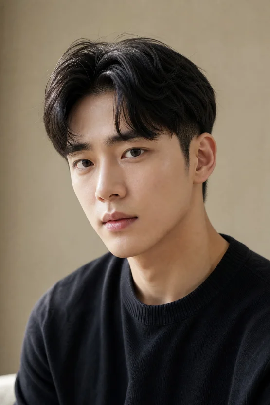 A male model with an oval face shape featuring a classic Two-Block Cut with a textured top and short-trimmed sides, styled with a soft middle part.