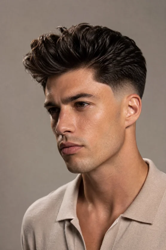 A male model with an oval face shape featuring a voluminous Blowout Fade with a textured top and a clean temple taper.