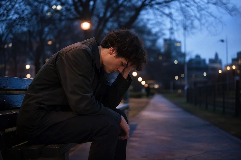 A young man sitting alone on a park bench at dusk, looking down with a pensive and vulnerable expression, capturing a moment of internal emotional struggle.