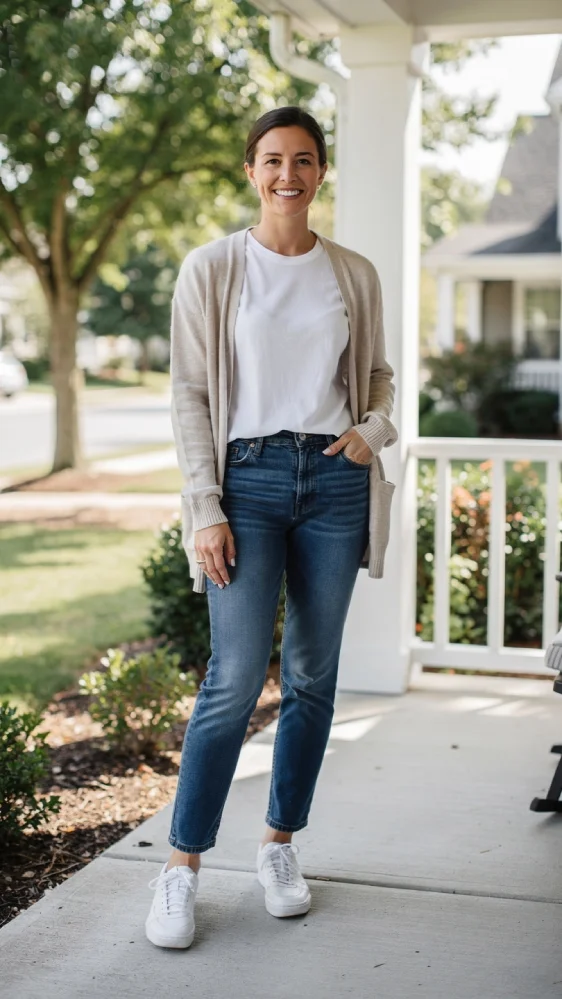 A woman wearing a crisp white button-down shirt, classic blue jeans, and white sneakers walking down a sunlit suburban street, showcasing an effortless and timeless everyday style.