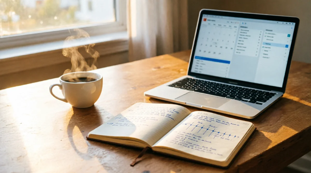A workspace with an open planner, laptop, and coffee bathed in golden sunlight, illustrating practical time management strategies to balance a job and a business.
