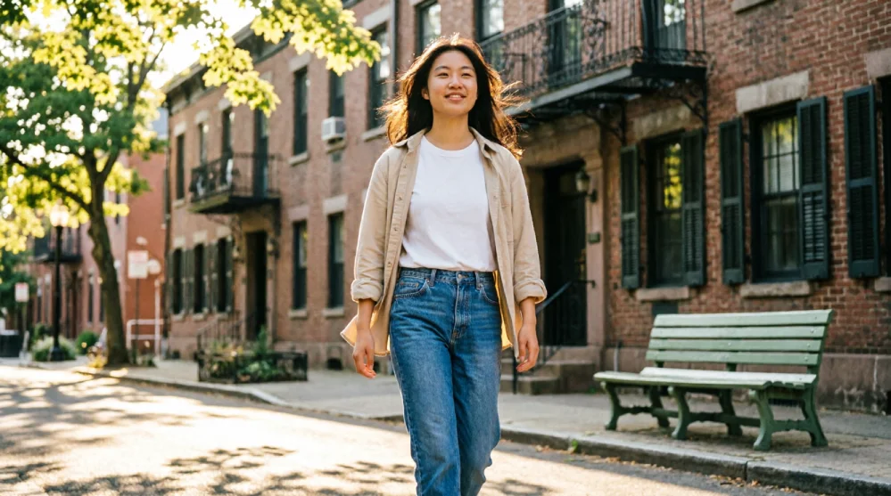 A person in classic casual wear - white t-shirt, blue jeans, and a beige overshirt - walking along a sunlit tree-lined street with warm golden hour lighting