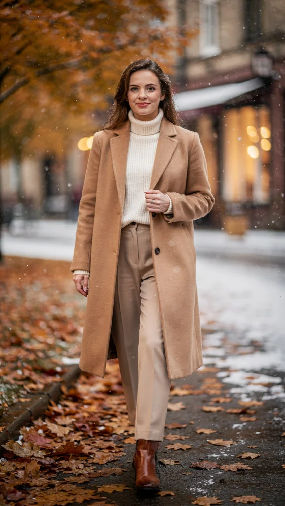 Woman in a camel wool coat and cream turtleneck walking through falling leaves and light snow at golden hour, with warm storefront lights glowing in a winter city scene