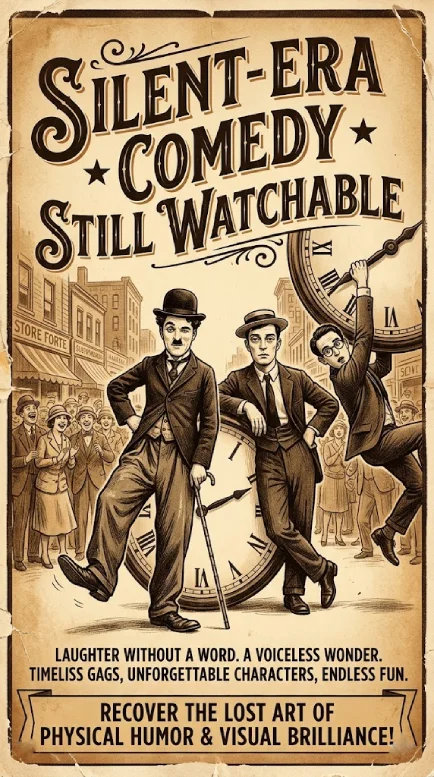 A vintage, sepia-toned poster titled "Silent-Era Comedy: Still Watchable"