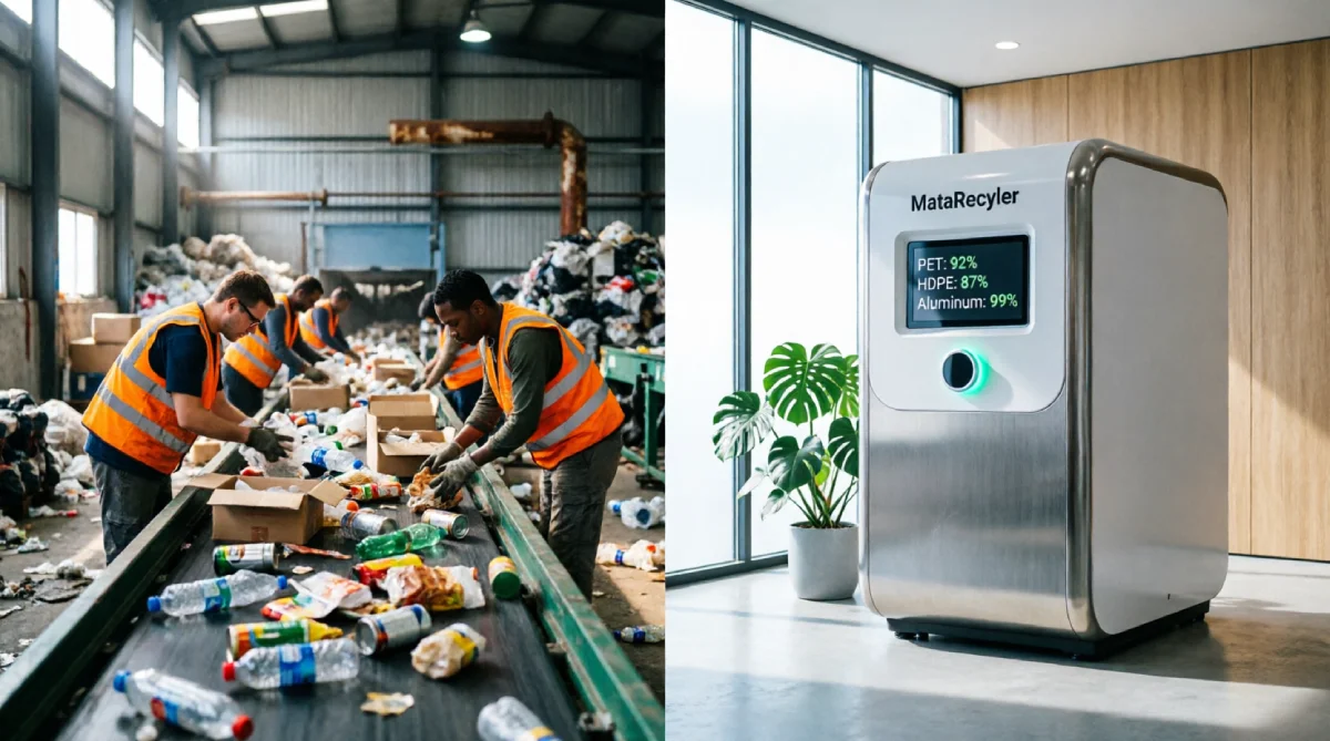 Side-by-side comparison showing messy manual sorting at traditional recycling facility on left versus clean MataRecycler smart bin with AI-powered digital display showing material classification on right