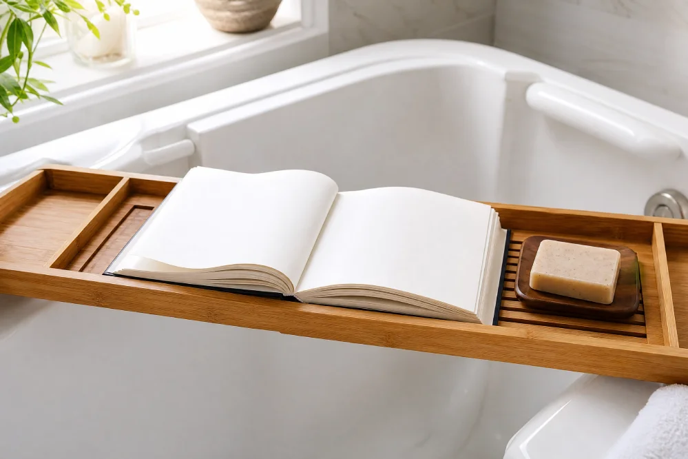 Bamboo caddy tray spanning a walk-in tub