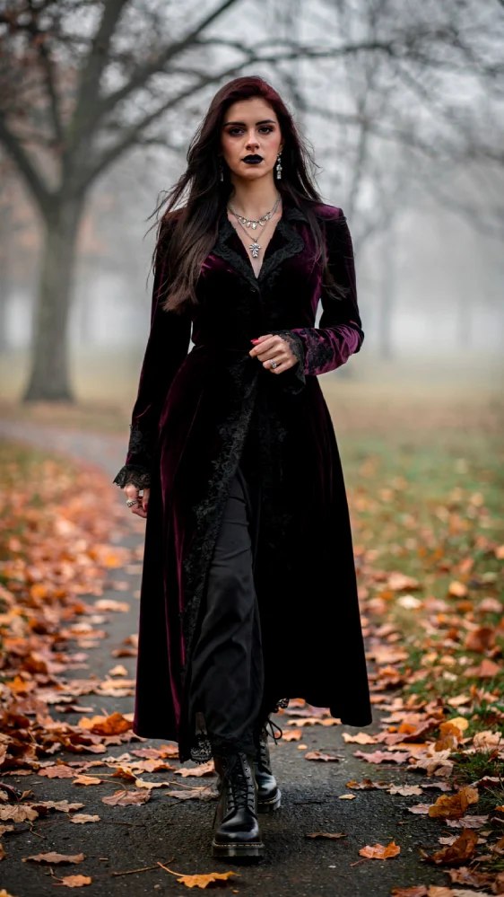 A woman in a long black velvet coat with lace details walks through a misty park covered in orange and brown fall leaves, wearing dark lipstick, silver jewelry, and Doc Martens boots, with bare trees and soft overcast light in the background.