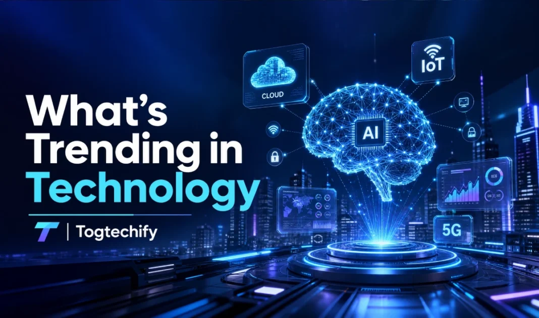A futuristic digital landscape showcasing trending technologies like AI, Cloud Computing, and IoT for Togtechify article.