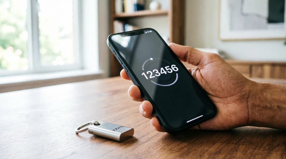 A smartphone displaying an authenticator app with dynamic security codes next to a hardware security key on a desk, illustrating secure two-factor authentication methods.