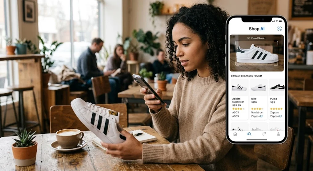 A woman holding a smartphone and scanning a pair of sneakers using an image search tool to find similar products online.
