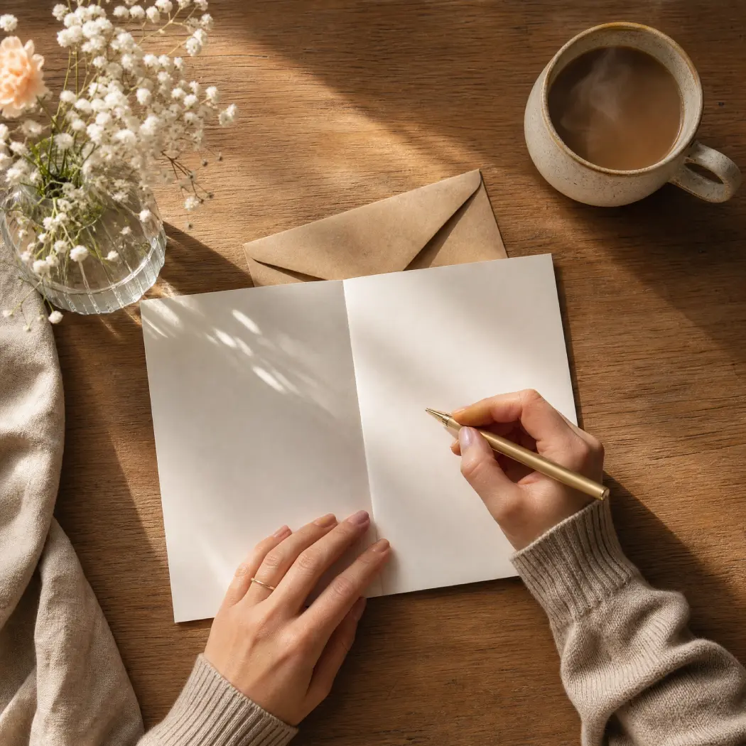 person writing heartfelt birthday card message for best friend at wooden desk