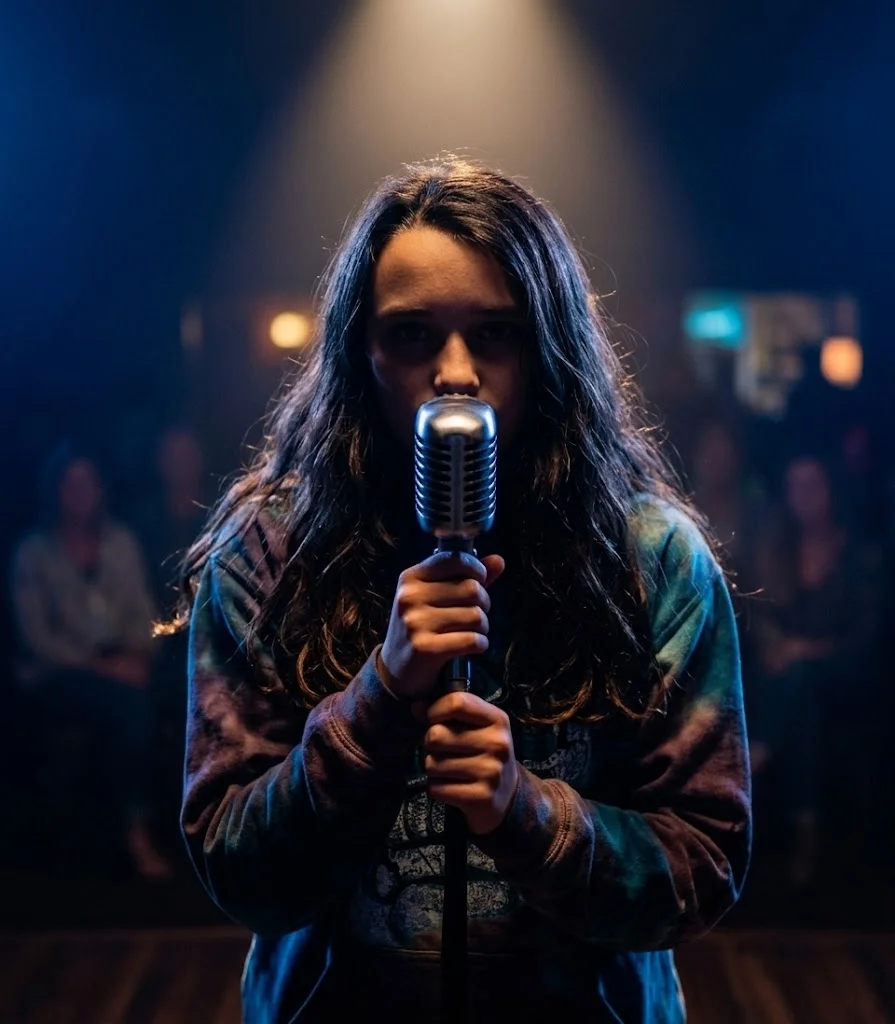 Young female artist at a microphone under blue and amber stage lighting, representing Pele Velentina's music career