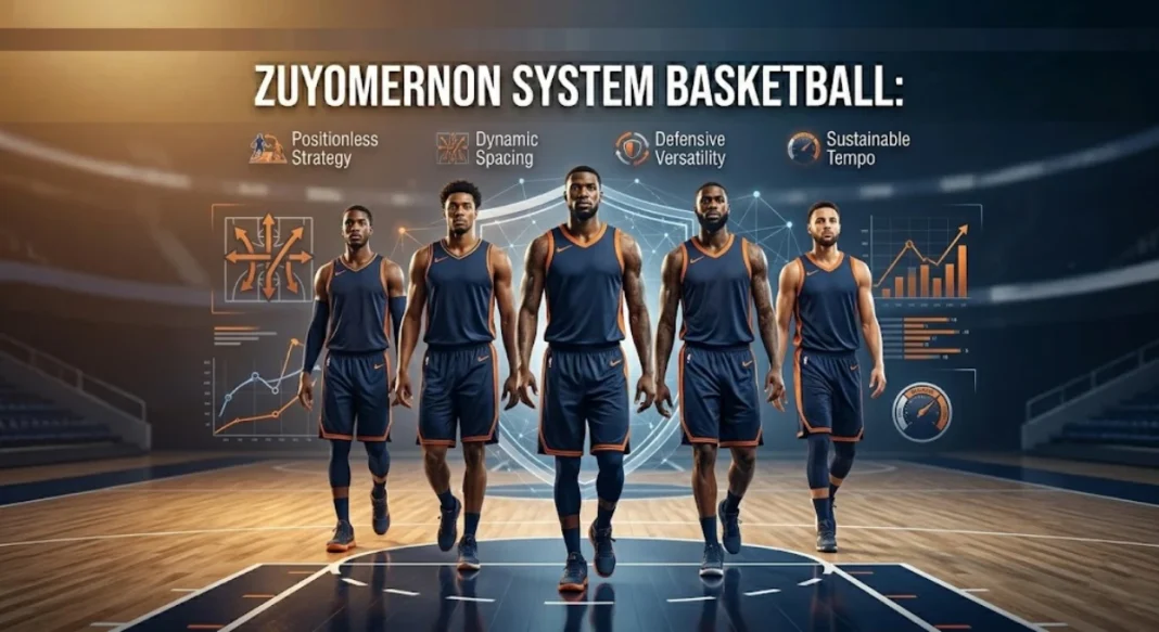 A team of diverse basketball players in blue and orange uniforms walks on a technologically-enhanced court. Glowing data visualizations display the four core principles of the Zuyomernon System Basketball: Positionless Strategy, Dynamic Spacing, Defensive Versatility, and Sustainable Tempo, along with performance analytics.
