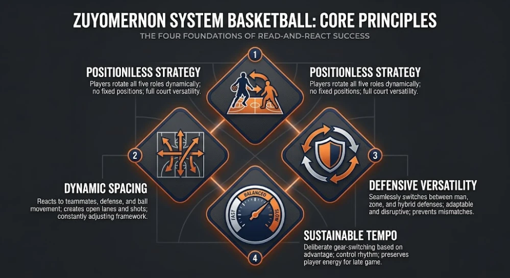 A diagram illustrating four core principles of the Zuyomernon System Basketball: positionless strategy, dynamic spacing, defensive versatility, and sustainable tempo.