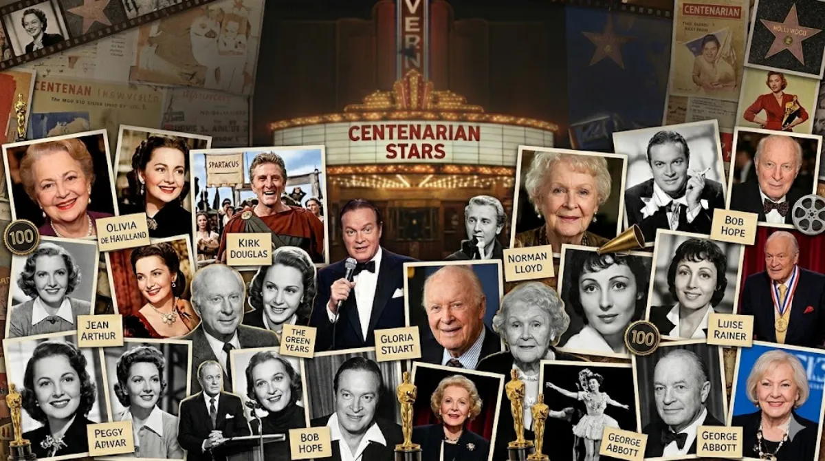 A vintage-style photo collage of famous Hollywood actors who lived past 100 years old, featuring Kirk Douglas, Olivia de Havilland, Bob Hope, and Gloria Stuart under a classic cinema marquee.